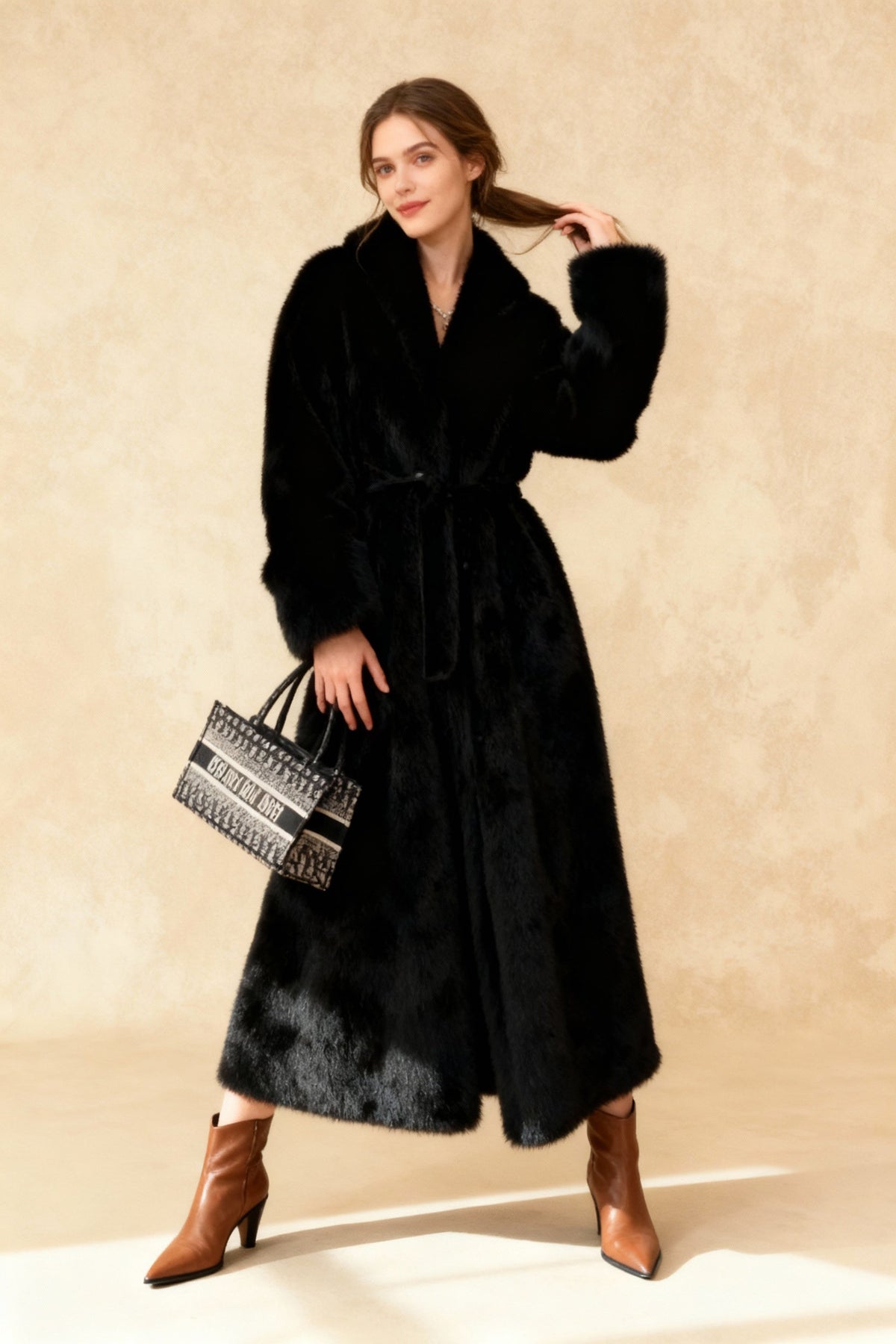 Faux Fur Lapel Plush Imitation Mink Overcoat