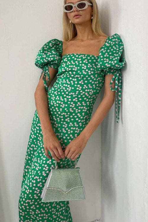 Off Shoulder Puff Sleeve Slim Floral Dress