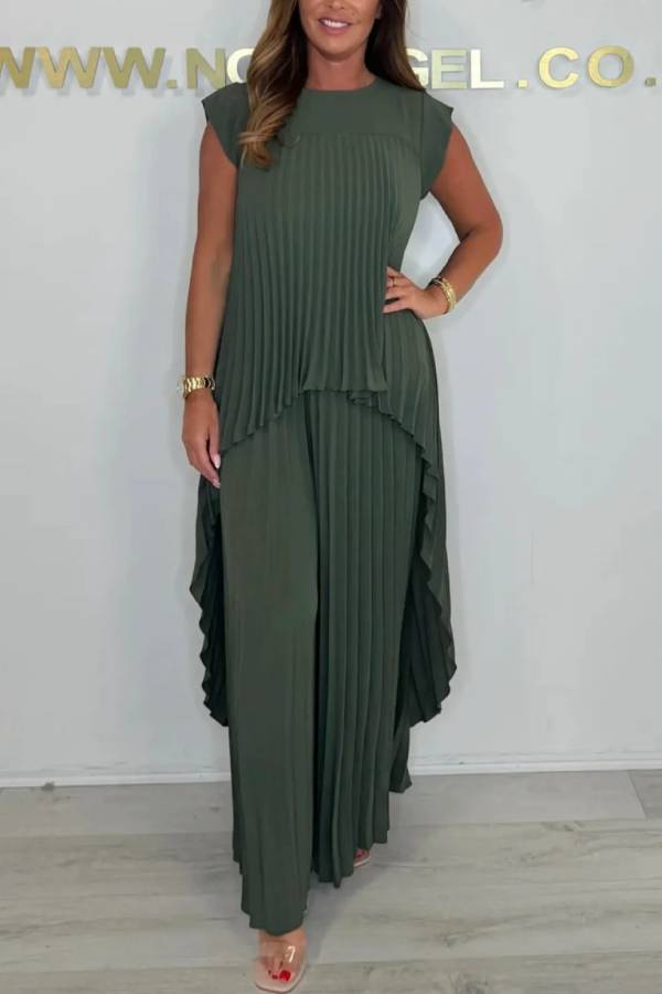 Round Neck Solid Sleeve Top Pleated Straight Pants Two-piece Set
