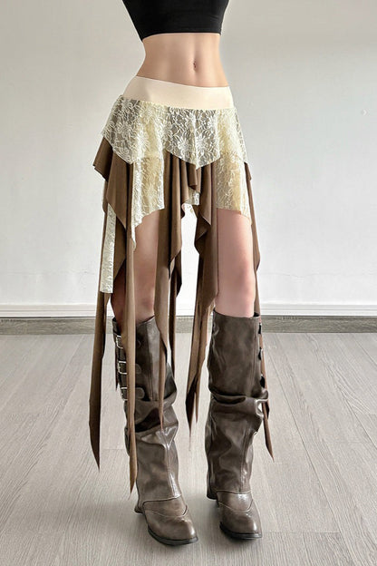 Sheer Lace Overlay Fringe Hem Skirt