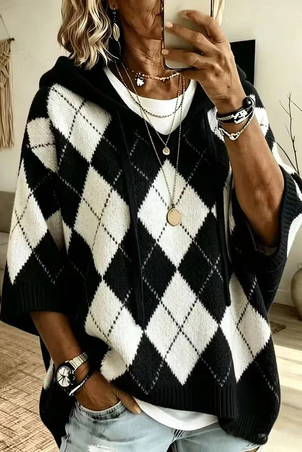 Comfortable and Casual Knit Color-blocked Plaid Print Half Sleeve Hoodie Sweater