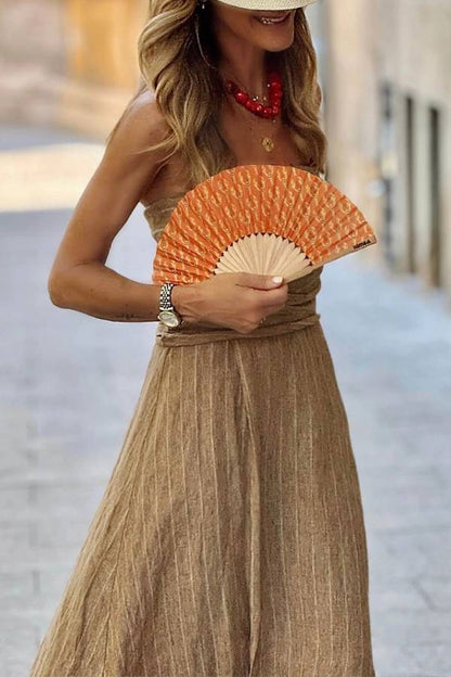 Retro Unique Striped Print Ruched Slit Linen Maxi Dress