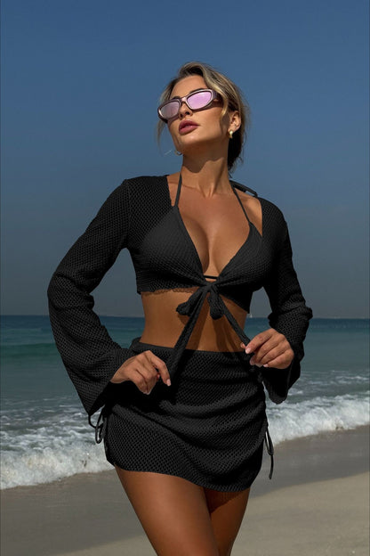 Solid Ruched Mesh Four Piece Swim Set