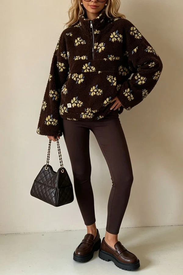 Colorblock Floral Pattern Teddy Bear Fleece Material Long Sleeve Kangaroo Pocket Zipper Sweatshirt