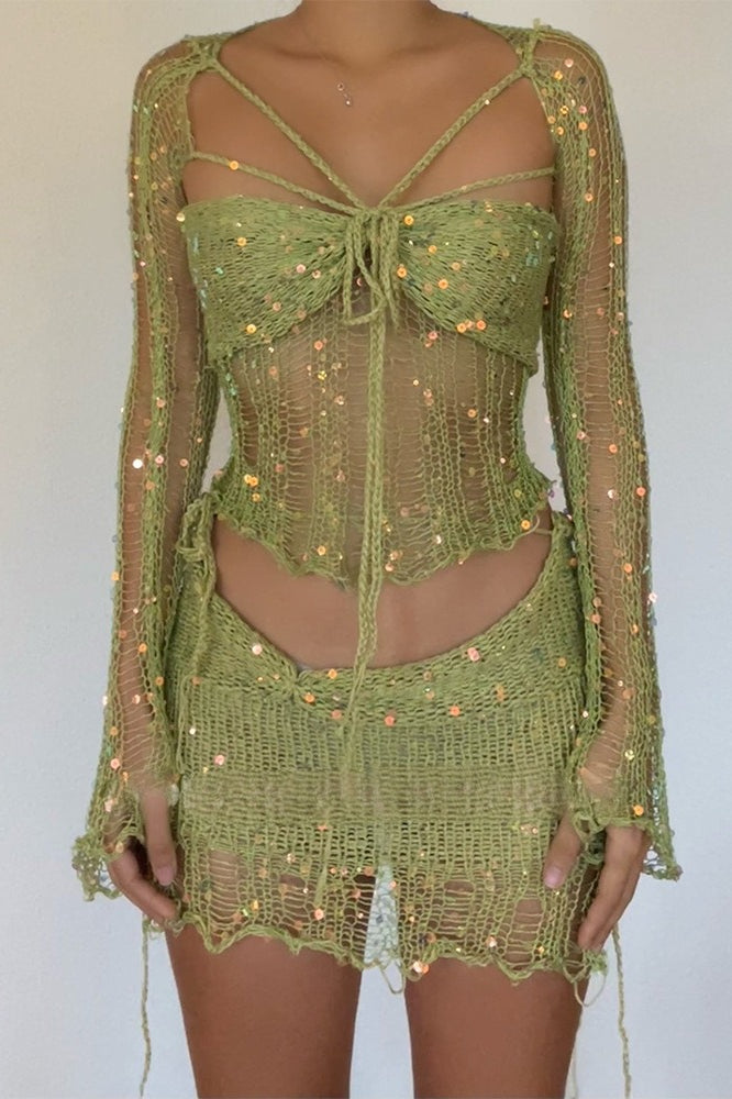 Sequin Knit Cutout Sweater Three Piece Skirt Set