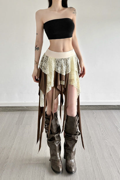 Sheer Lace Overlay Fringe Hem Skirt