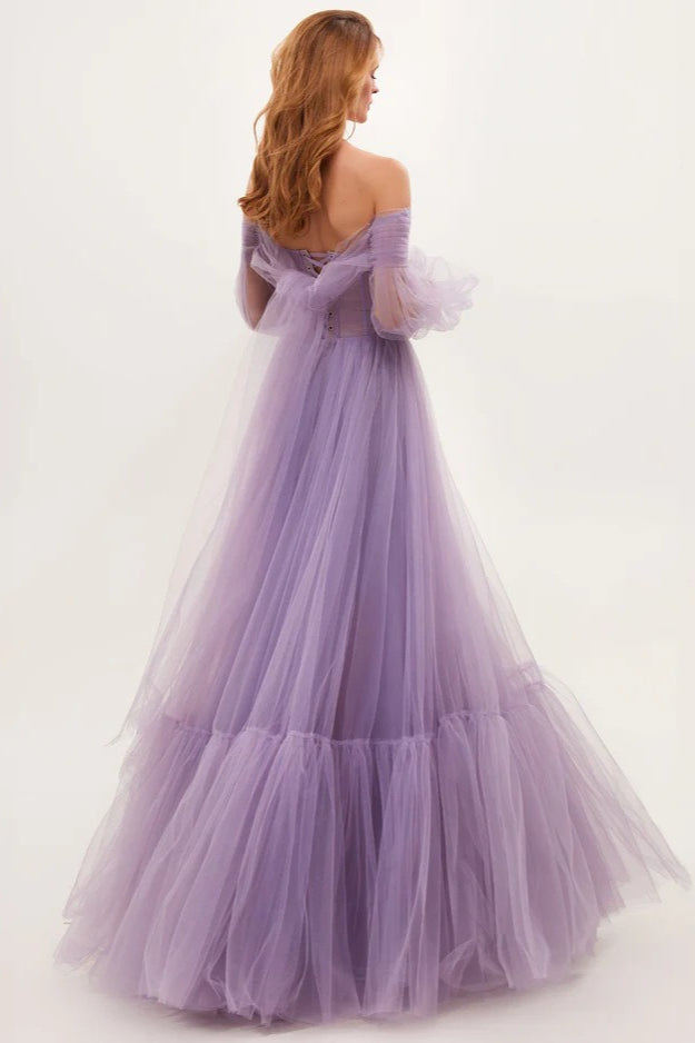Off Shoulder Mesh Long Sleeve Prom Dress