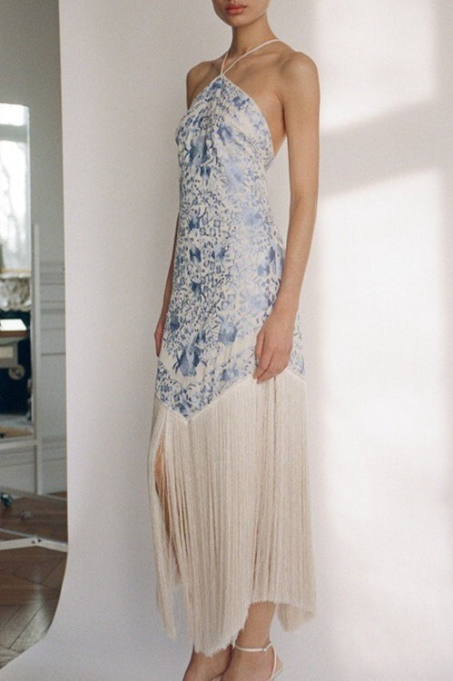 Elegant Fringed Halter Tie Backless Cami Long Formal Dress