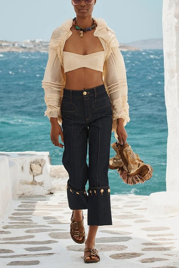 Cowgirl Club Denim High Rise Metal Buttons Flare Cropped Jeans