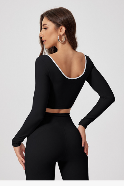 Crew Neck Color Block Quick Dry Long Sleeve Crop Top