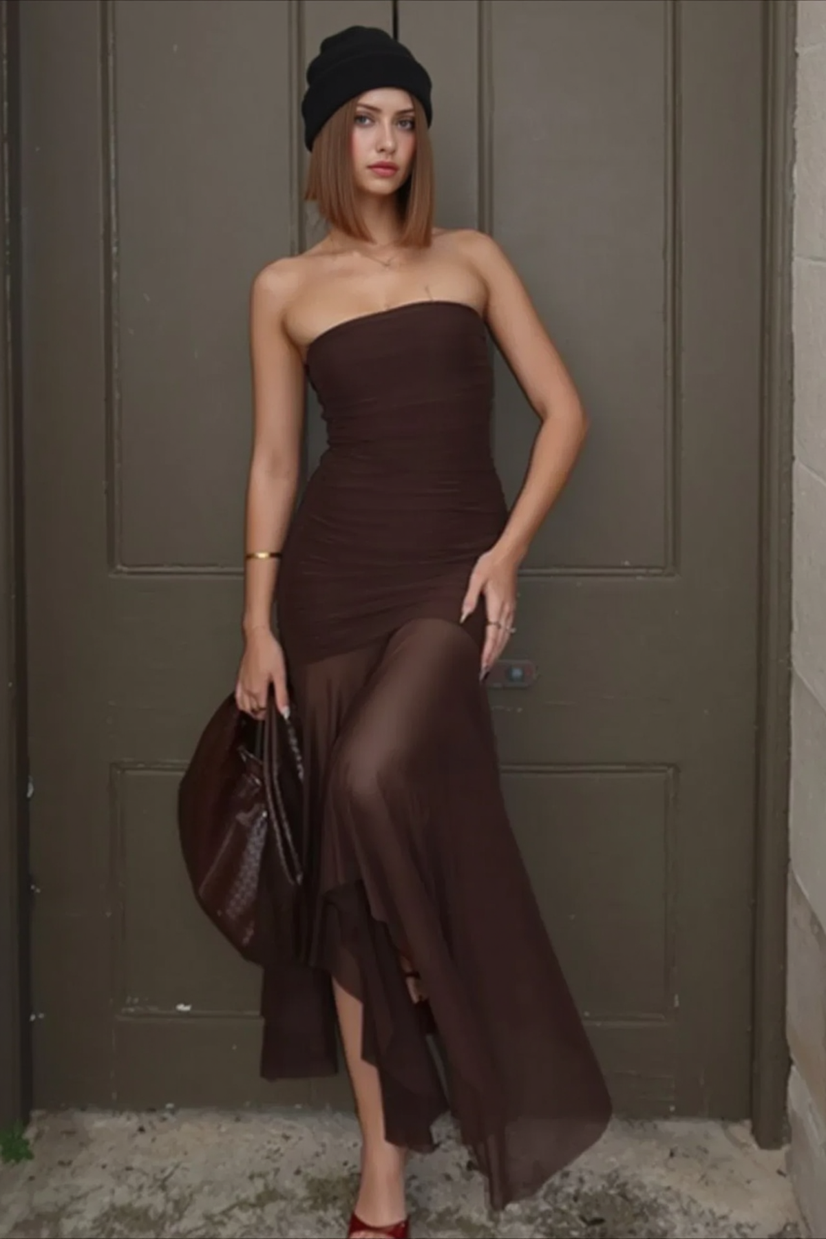 Solid Strapless Mesh Panel Party Dress