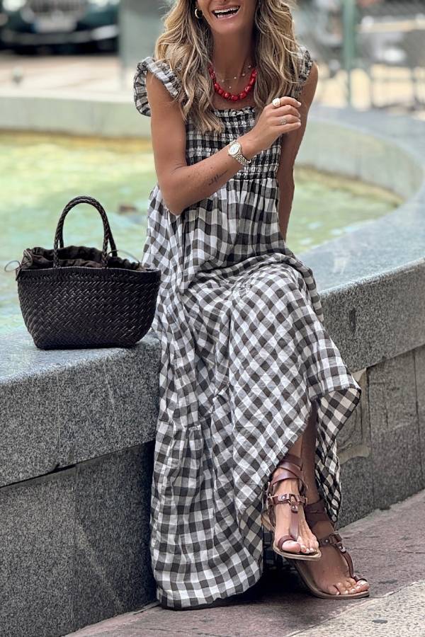 Black and White Gingham Square Neck Smocked Maxi Dress