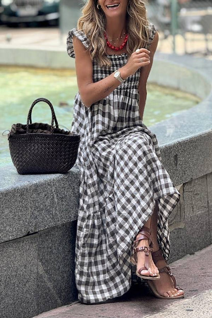 Black and White Gingham Square Neck Smocked Maxi Dress
