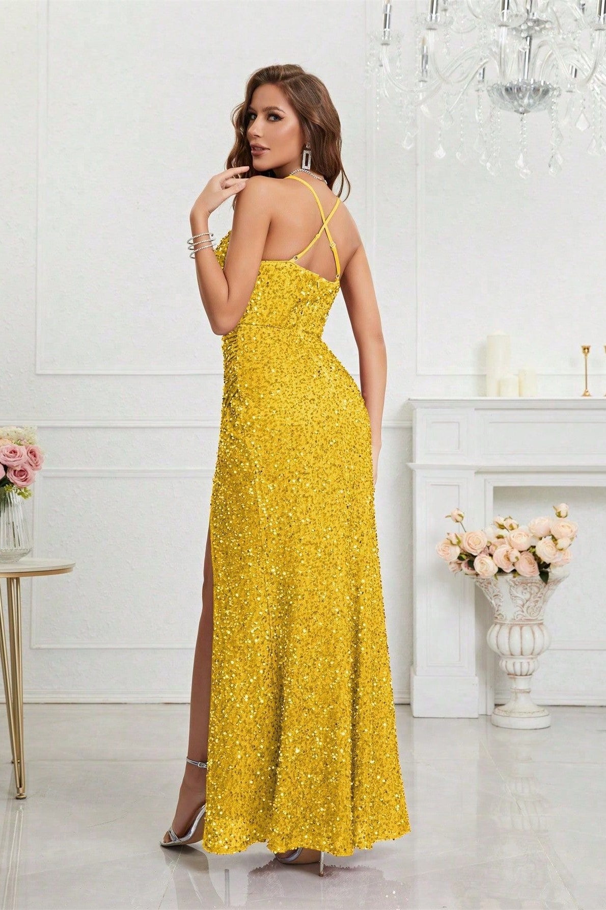 V Neck Slit Sequin Slip Prom Dress