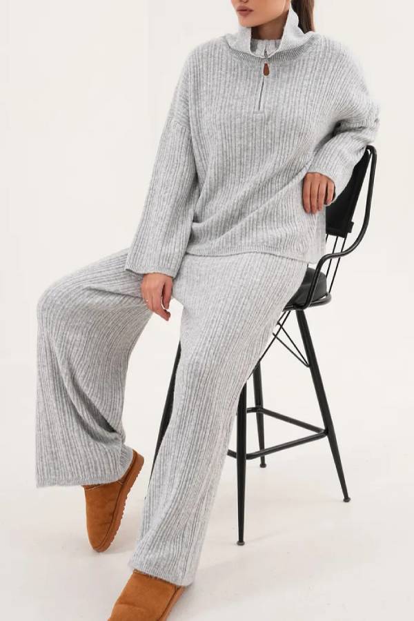 Half‑Zip Turtleneck Ribbed Knit Two‑Piece Set