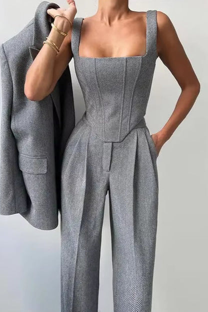 Layered Corset Style Three Piece Blazer Pants Set