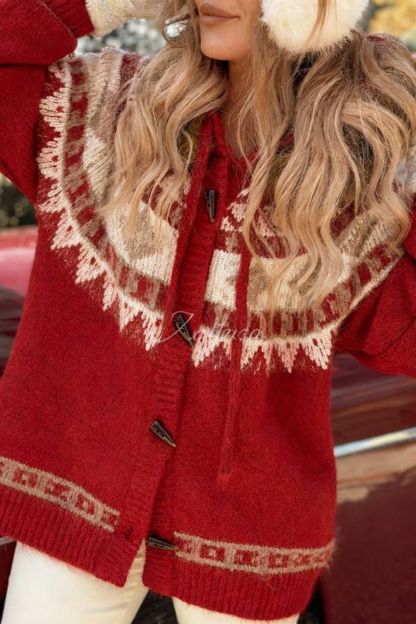 Christmas Fireplace Patterned Cardigan with Fur