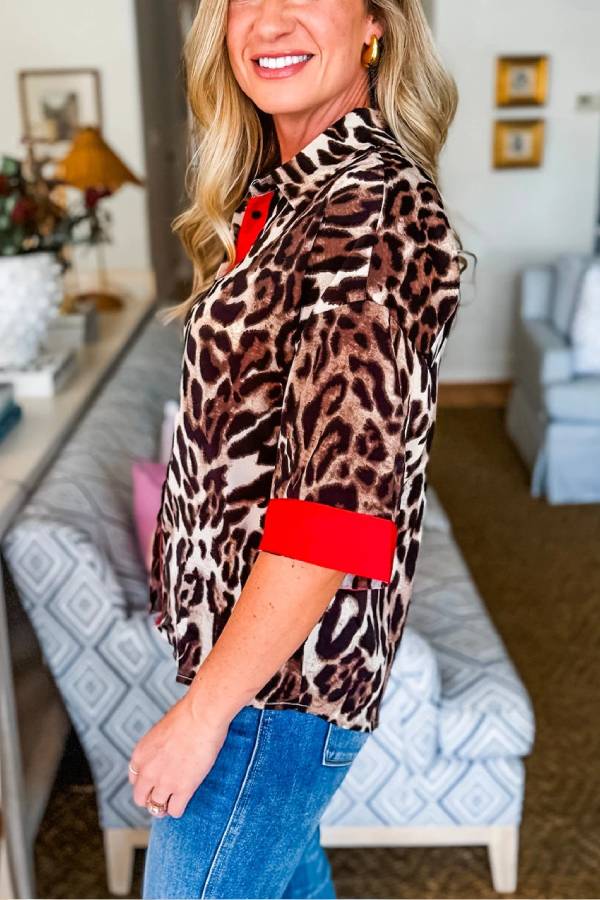 Dark Brown Patchwork Allover Leopard Print Shirt