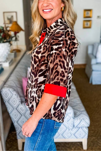 Dark Brown Patchwork Allover Leopard Print Shirt