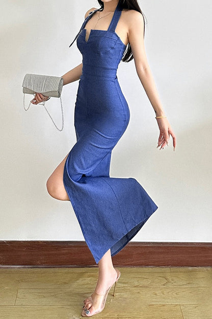 Denim Halter Neck Bustier Buckle Strap High Split Maxi Dress