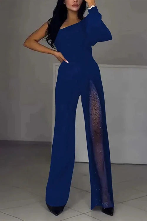 Stylish One Shoulder Slit Long Sleeve Mesh Splice Wide Leg Jumpsuit