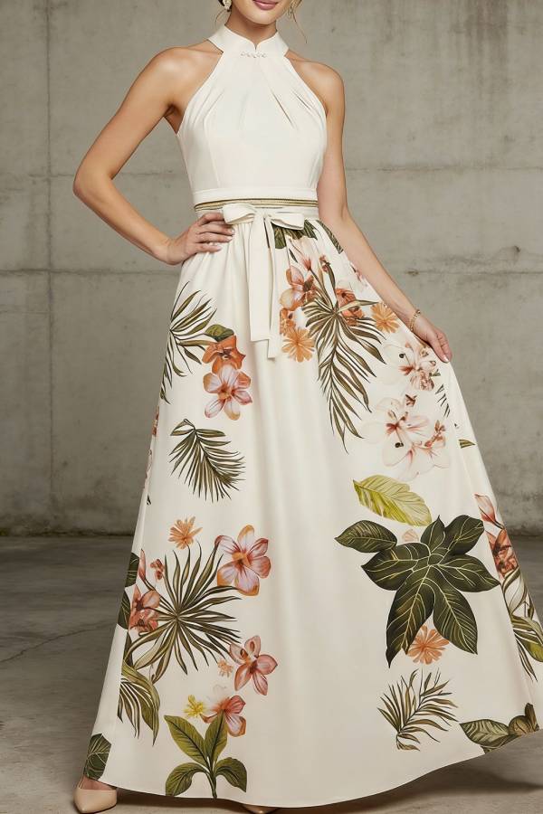 New Chinese Halter Frog Button Tropical Floral Maxi Evening Dress
