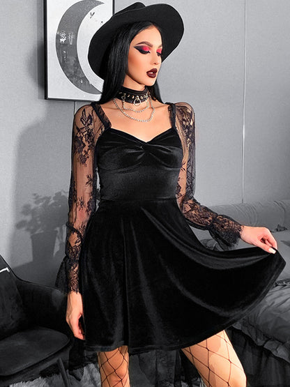 Velvet Sweetheart Twist Front Lace Sleeve Flared Mini Dress