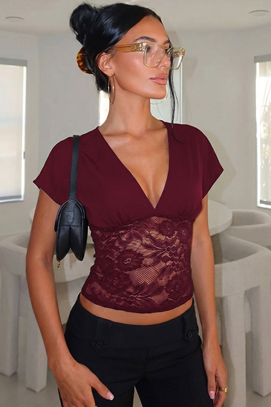 Sexy Deep V Lace Patchwork Slim Fit Tee
