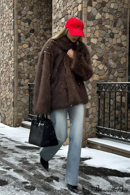 White Tip-Dyed Faux Fox Fur Mid-Length Coat