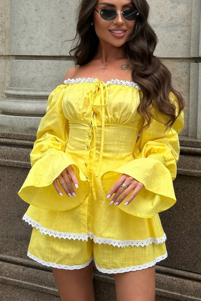 Lantern Sleeve Lace Up Off Shoulder Top Two Piece Shorts Set