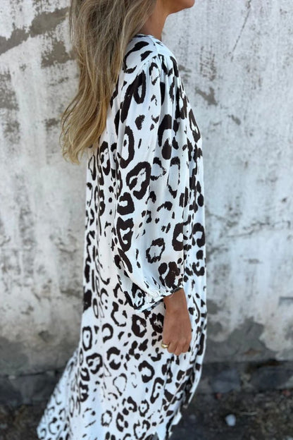 Leopard Print V-neck Pullover Long-sleeved Loose Dress