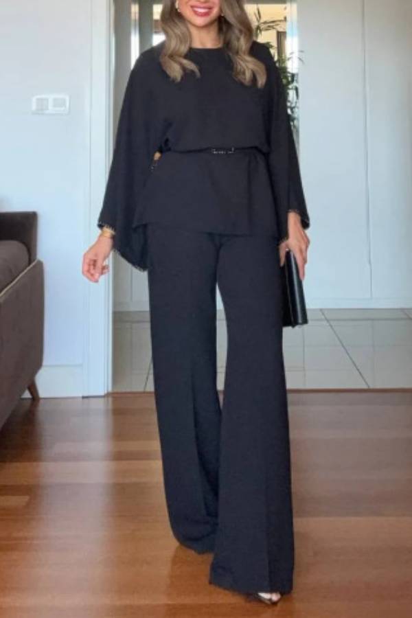 Beaded Wide-Sleeve Waisted Wide-Leg Pants Two-Piece Set
