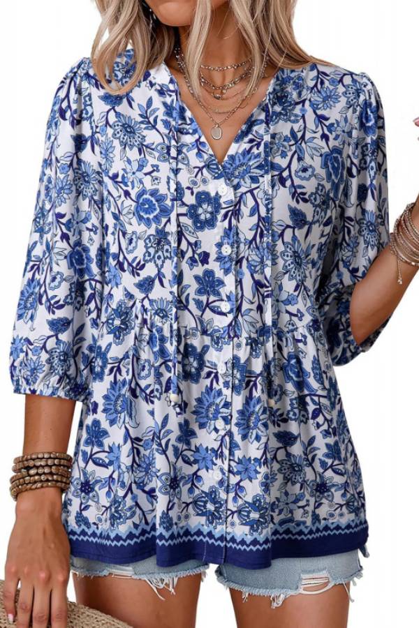 Boho Printed Tie V‑Neck Peplum Blouse