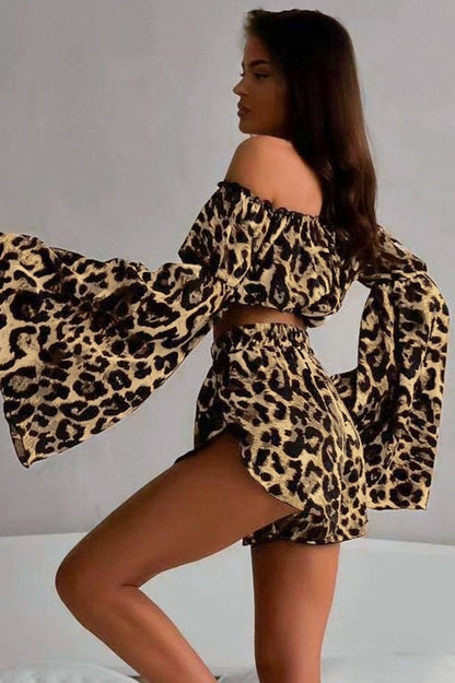 Off Shoulder Flared Long Sleeve Leopard Crop Top Shorts Set