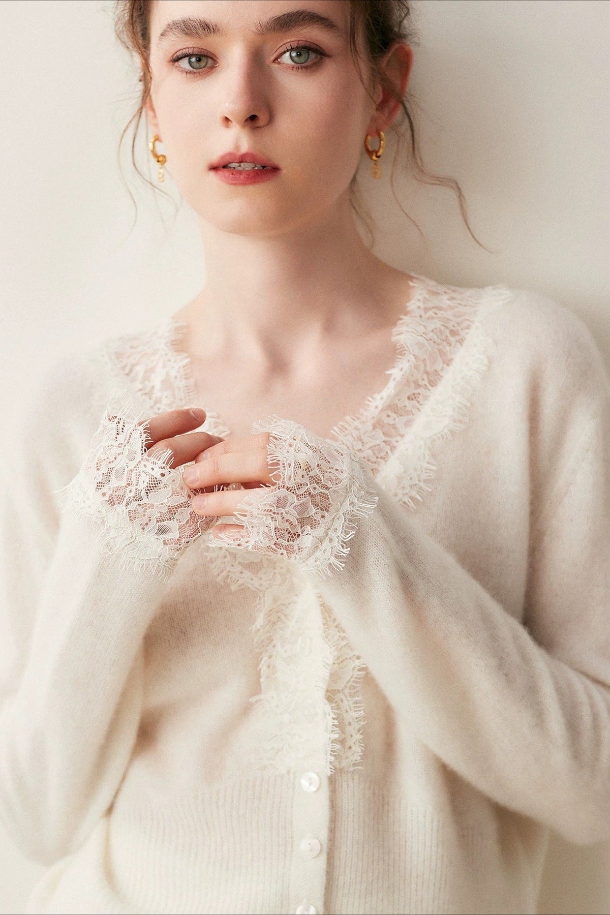 Lace Trim V Neck Cashmere Cardigan