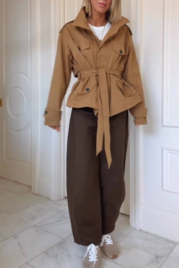 Camel tie waist short trench coat