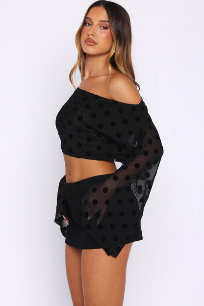 Flocked Polka Dot One Shoulder Bell Sleeve Tee