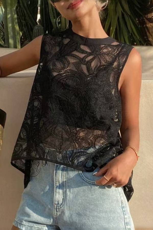 3D Floral Hollow Lace Irregular Sleeveless Tank Cover Up