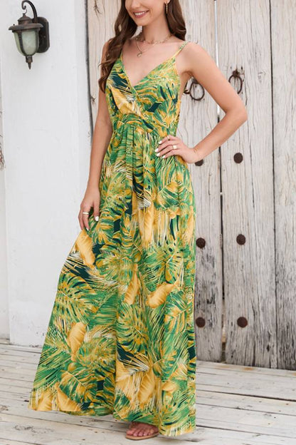 Spaghetti Strap Tropical Print Waist-Cinched Maxi Dress