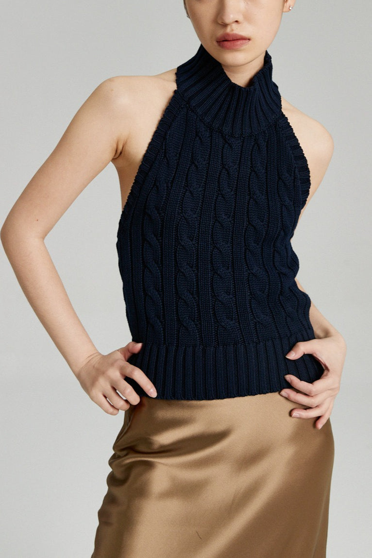 Backless Halter Cable Knit Top