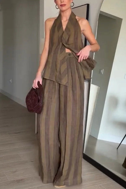 Aloof Style Striped Linen Blend Halter Vest and High Rise Button Pocket Wide Leg Pants Set