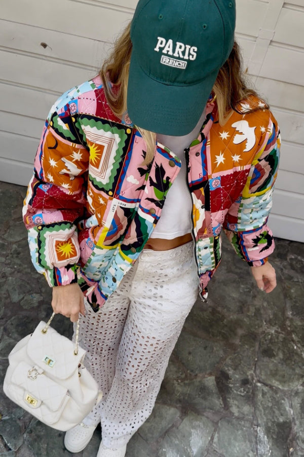 Art Printed Patchwork Quilted Bomber Padded Jacket