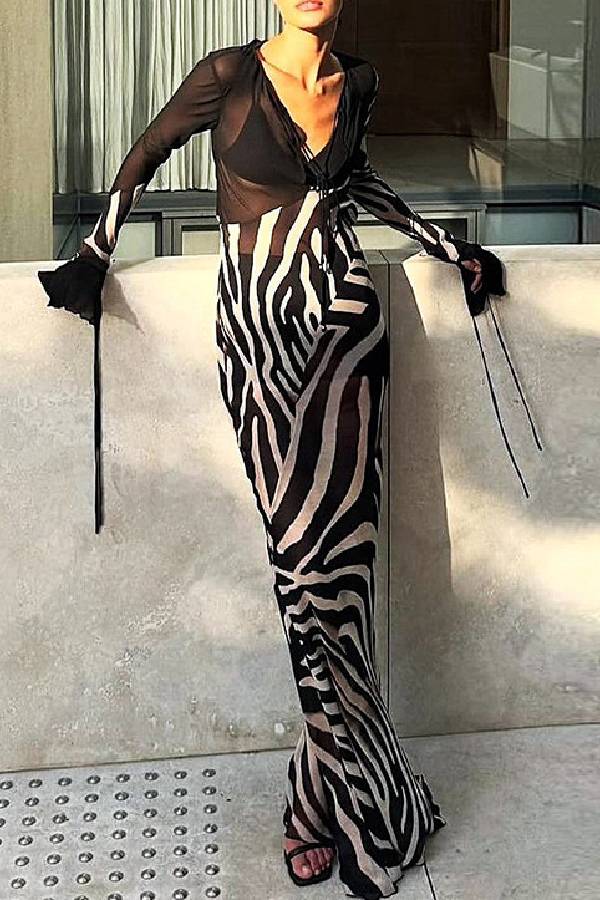 Deep V Tie Sheer Mesh Zebra Print Flare Long Sleeve Bodycon Maxi Cover Up Dress