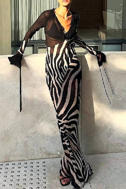 Deep V Tie Sheer Mesh Zebra Print Flare Long Sleeve Bodycon Maxi Cover Up Dress