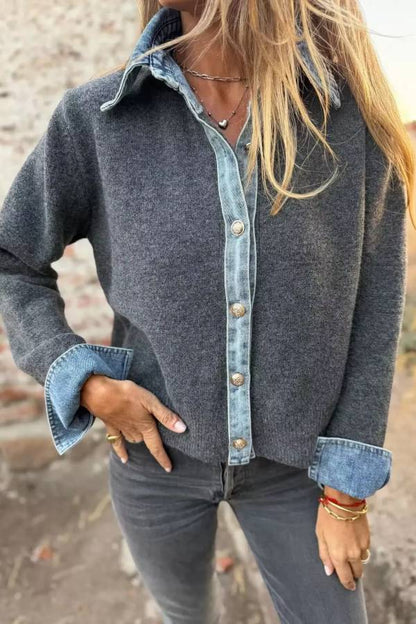 Contrast Denim Trimmed Sweater Cardigan
