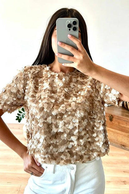 Clarisse Sequin Short Sleeve Back Slit Open Back Loose Top