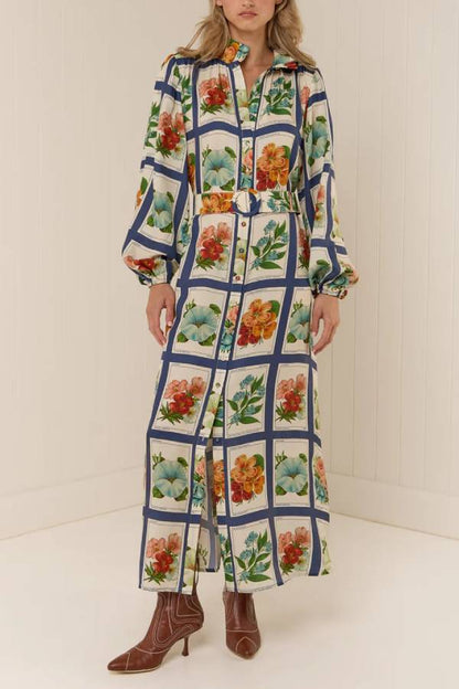 Collared Waist-Cinched Printed Maxi Shirt Dress