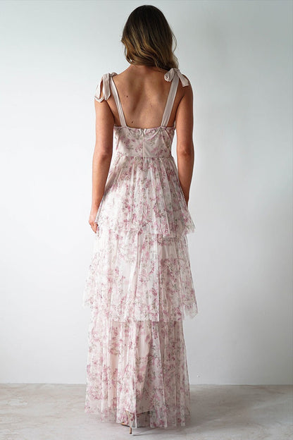 Pink Backless Strap Tiered Floral Dress