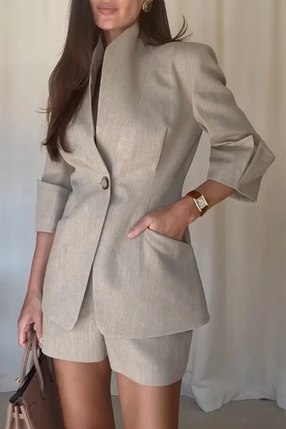 Devora Linen Blend Stand Lapel Neck Half Sleeve Button Pocket Blazer and High Rise Shorts Set