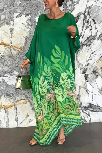 Batwing Sleeve Tropical Leaf Print Kaftan Maxi Dress Loose Cover Up Vacation Gown